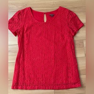 Merona Red Lace Blouse with Cap Sleeves, Size Medium, Small Keyhole Back